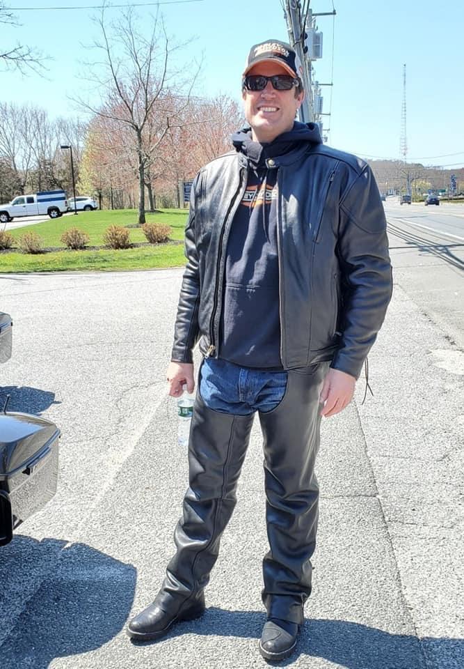 Motorcycle chaps standing